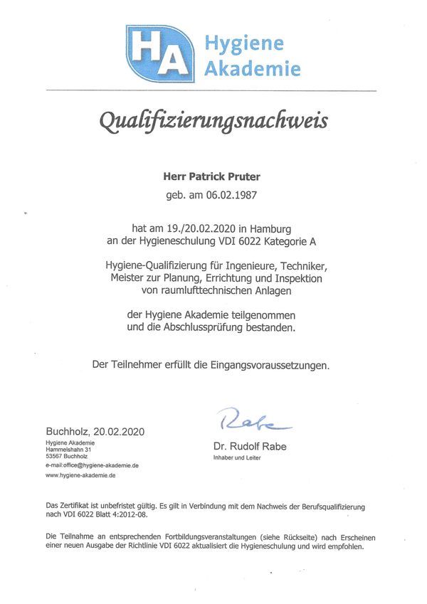 Qualifizierungsnachweis VDI 6022 Kategorie A